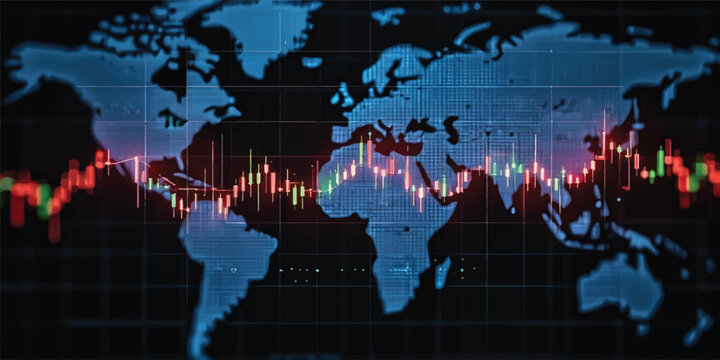 An abstract blue digital background featuring a global world map layered with binary code and finance charts to illustrate a connected technology market across every continent