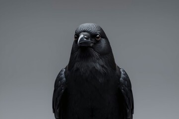 Obraz premium Black crow looking directly at camera against gray background