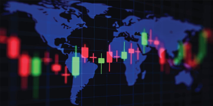 An abstract digital illustration of a global business network featuring a stock market graph and chart overlaying a blue world map with interconnected technology concepts across the continents