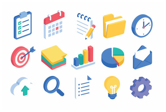 Isometric office and business icons for planning and organization.