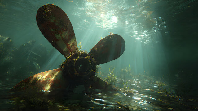Underwater view of a rusty ship propeller with sunlight filtering through