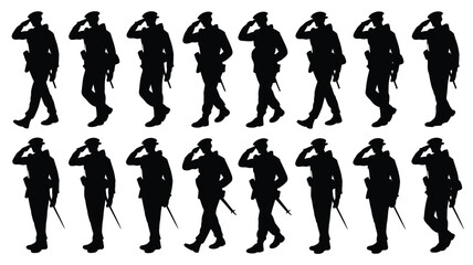 Fototapeta premium Collection of military soldier silhouettes in uniform performing salutes and marching with batons and holstered weapons against a clean white background representing authority