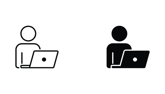 Person working on laptop computer icon set with outline and solid black filled versions for remote work and tech industry