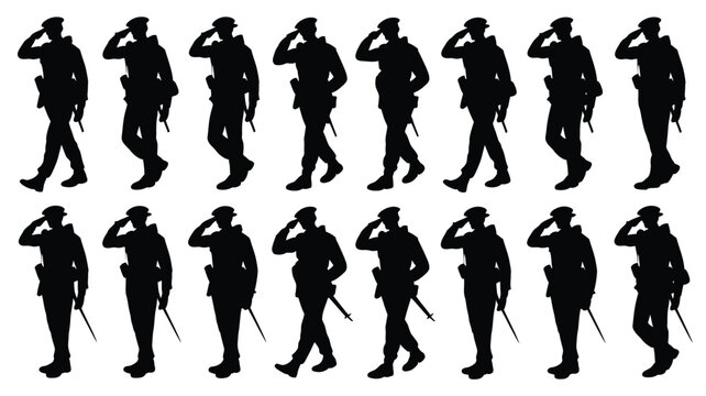 Collection of military soldier silhouettes in uniform performing salutes and marching with batons and holstered weapons against a clean white background representing authority