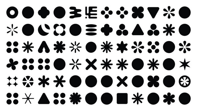 Collection of diverse minimalist black geometric shapes and abstract symbols arranged in a grid perfect for web design ui elements and graphic design projects