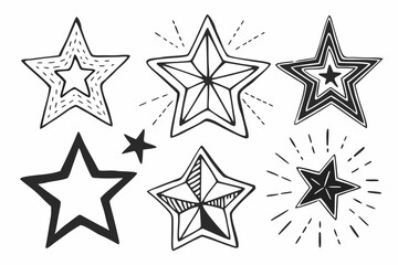 Obraz premium Star icons, black and white starburst graphics, vector star shapes, illustration set