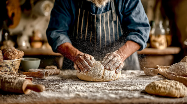 baker kneading dough on floured table