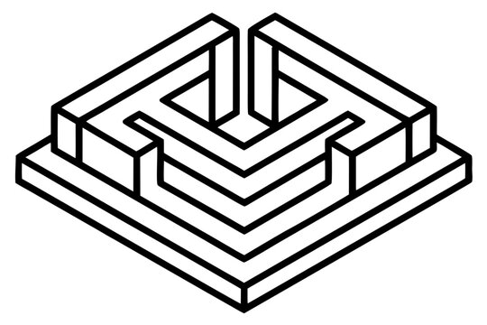 3D maze, isometric labyrinth, black line art, geometric illustration, puzzle design
