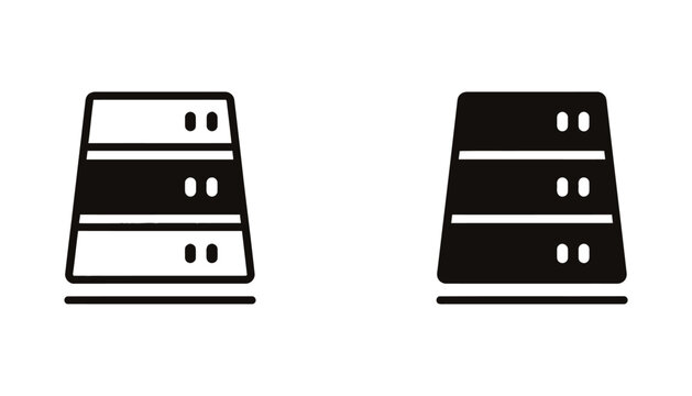 Data server storage rack icon set in outline and solid black styles for network infrastructure and cloud computing concepts isolated on a flat white background for professional tech design