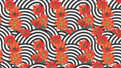 Obraz premium Seamless tropical hibiscus flower pattern floral abstract wavy stripes background 