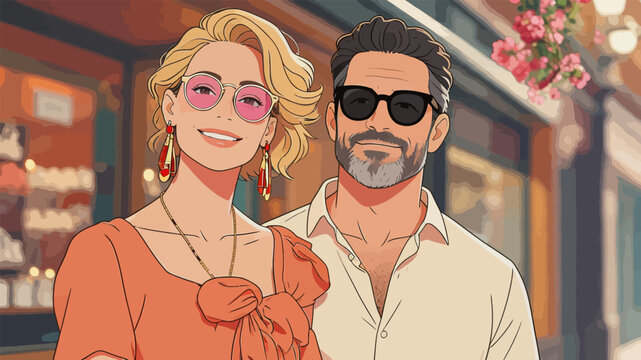Stylish Couple Posing on Sunny Outdoor Street