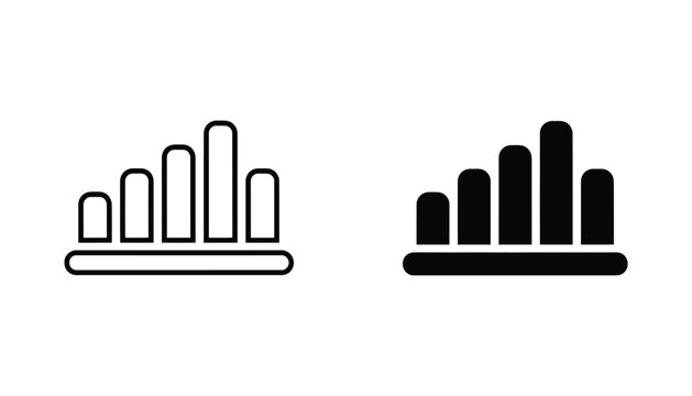 Bar chart growth progress icon set featuring simple line and solid fill design for financial analysis and data visualization business reports
