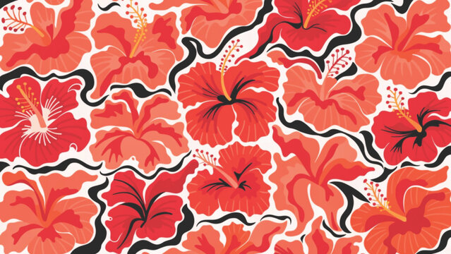 Seamless tropical hibiscus flower pattern  floral abstract wavy stripes background 