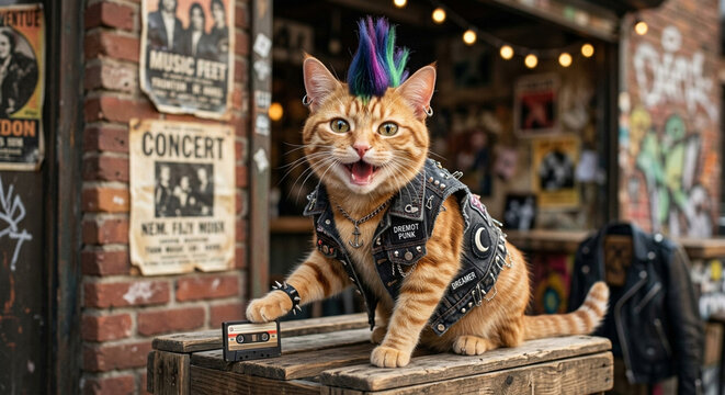 Realistic punk rock cat character with colorful Mohawk and spiked vest, smiling playful kitty on vintage background.