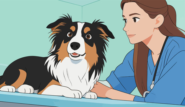 Veterinarian examining a happy collie dog in clinic