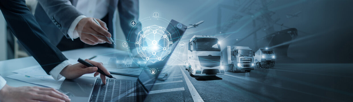 Transport and logistics, Business team collaborates on a smart logistics network distribution on worldwide and analyzing global routes to supply connections of logistics business growth long-term.