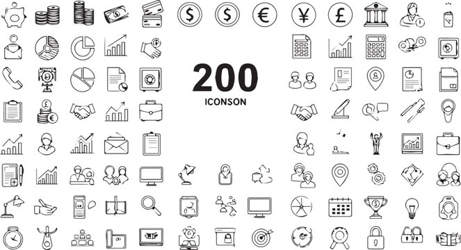 Business and finance line icons set, 200 professional banking and investment vector symbols, minimalist black outline web icons for corporate presentation