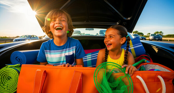 Two happy children laughing in an open car trunk filled with beach gear. Siblings ready for a summer road trip adventure. Concept of family vacation joy for travel and lifestyle marketing.