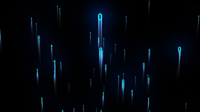 Neon glowing Binary digits and glow particles rising upward on a black background, digital data flow, abstract technology and cyberspace motion graphic overlay