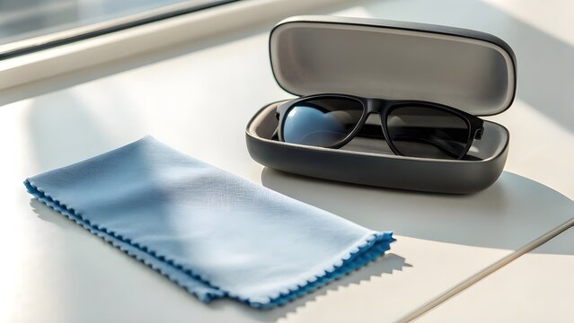 Sunglasses Cleaning Cloth Neatly Folded Beside A Lens Box Under Bright Lighting Creating A Minimalist Clean Scene Of Daily Eyewear Care Fashion Accessory And Modern Lifestyle Detail
