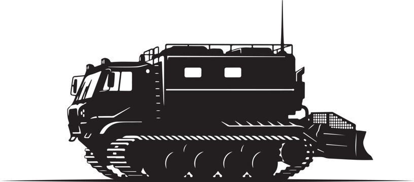Heavy duty bulldozer, industrial construction vehicle, black silhouette, tank tracks, heavy equipment