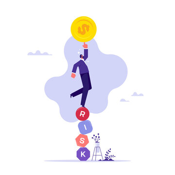 Risk management, control or assess to lose money in investing concept, preparation for safety or secure earning and loss, businessman balance on stack with the word RISK