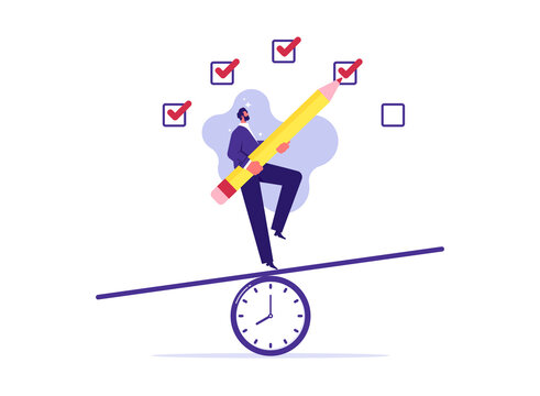 Project management process to manage and develop with resources to deliver quality product, businessman balance on clock and filling checkmark, successful completion of business tasks