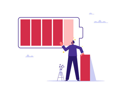 Recharge energy yourself or refresh or recover after tried concept, fight burnout at work, businessman build a high level of battery charge indicator