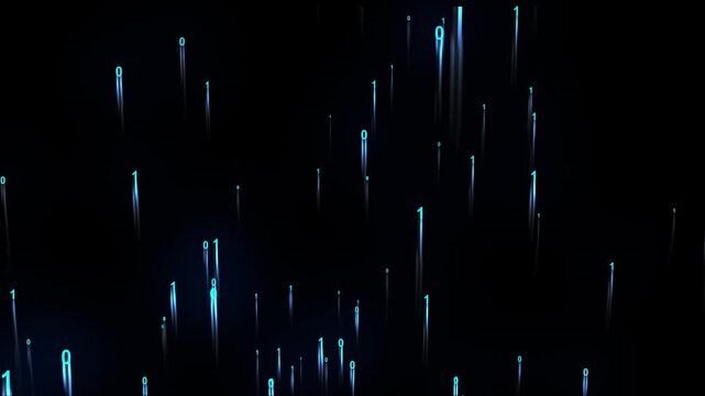 Neon glowing Binary digits and glow particles rising upward on a black background, digital data flow, abstract technology and cyberspace motion graphic overlay