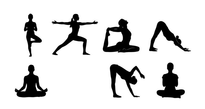 yoga poses silhouettes on transparent background high quality