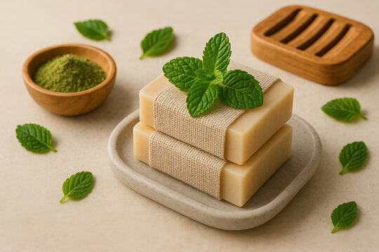 Natural soap with mint and matcha arranged for a spa aesthetic