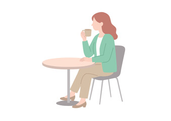 Fototapeta premium カフェテーブルで椅子に座りコーヒーを飲む女性のイラスト リラックス