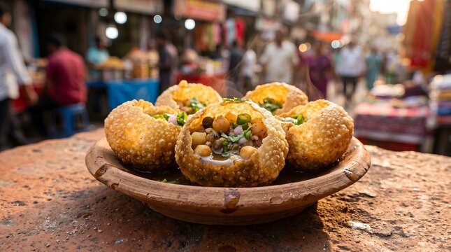 A close up of a delicious plate of indian street food golgappa or panipuri on a rustic wooden table with a busy indian street market in background.