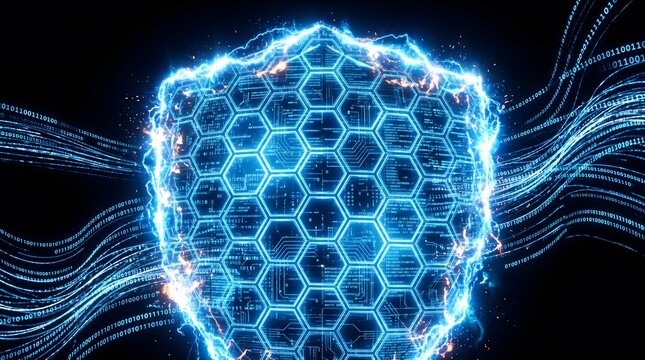 Digital shield cybersecurity concept with glowing blue hexagons and binary code streams forming protective barrier against cyber threats and data breaches symbolizing security.