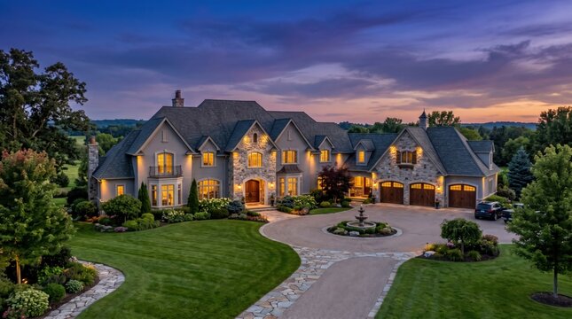 Luxury mansion, large house, estate home, illuminated exterior, dusk