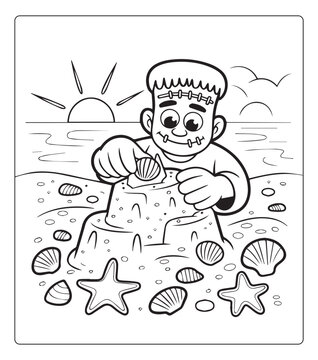 Cute frankenstein halloween character vector silhouette coloring page for kids