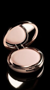 The compact puder shows its sleek design as it opens and closes at different angles. The smooth surface of the product reflects light, showing the shiny case
