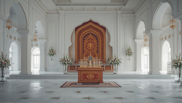 Ornate wooden altar in a bright symmetrical modern church interior with religious site