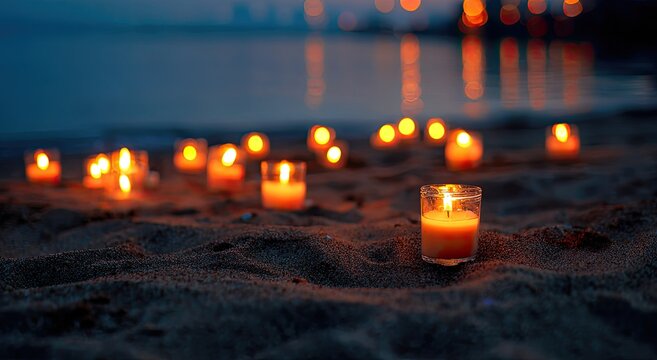 Numerous glowing votive candles illuminate a sandy beach at twilight with blurred city lights