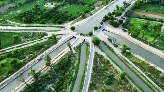 Aerial view of a historic canal headworks system distributing water to irrigation channels in rural farmland