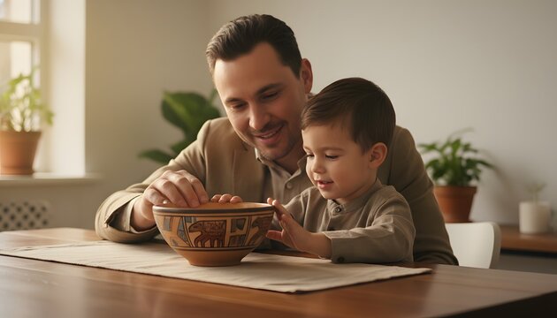 Parent and son enjoying cultural tradition by examining an ancient pottery artifact together, celebrating heritage month through a family legacy and education concept