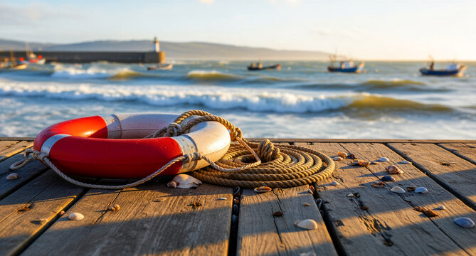 Lifebuoy with rope and shells on a wooden pier at the coast. Fishing boats navigate ocean waves in the background during golden hour. Nautical safety concept for marine travel and rescue marketing.