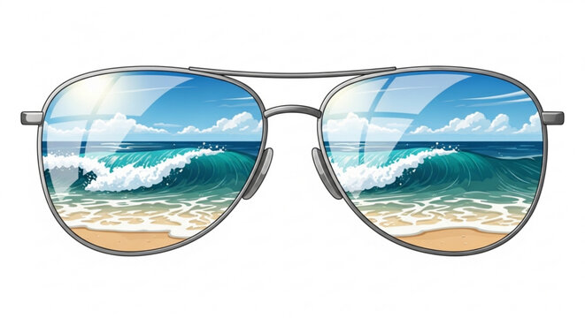 Sunglasses reflecting ocean waves on beach with blue sky and white clouds on sunny day