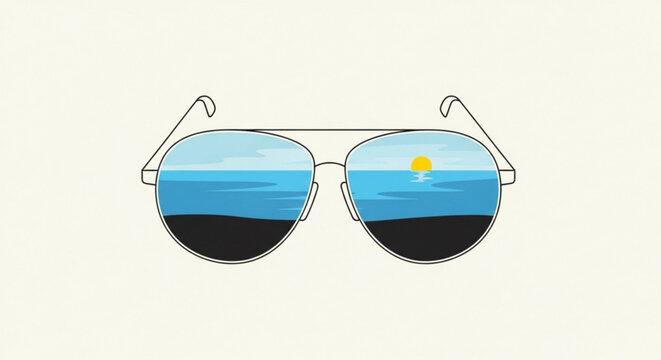 Trendy sunglasses reflecting ocean sunset with blue lens and metal frame on beige background