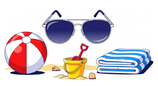 Beach essentials illustration with sunglasses beach ball bucket and towel on sandy shore