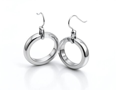 Two polished, silver-colored hoop earrings with curved hooks dangle against a bright white background, reflecting light