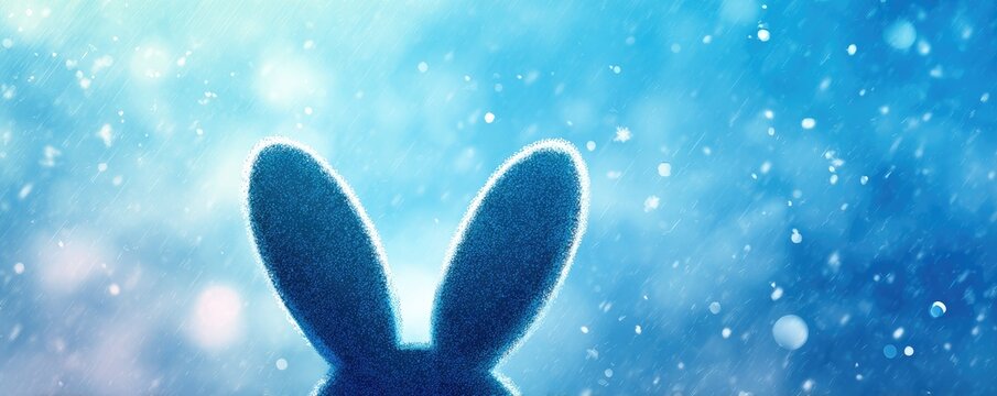 Rabbit ears silhouette, looking up at a dreamy blue sky with falling light particles
