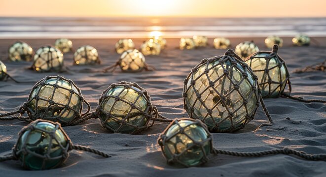 Vintage glass fishing net floats resting on a sandy beach during a beautiful golden sunset, macro photography with shallow depth of field