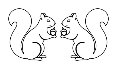 Minimalist squirrel line art vector, two symmetrical squirrels holding acorns, clean black outline animal illustration for coloring or logo design © Jemie