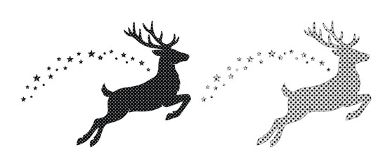 Jumping reindeer silhouette with magic star trail, Christmas deer vector set, black stag and textured reindeer icons for holiday cards © Jemie